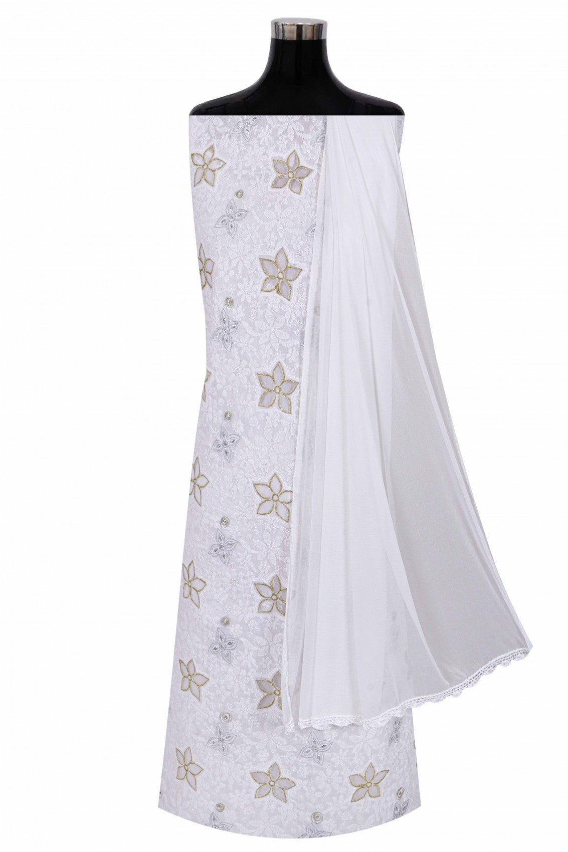 Ada Hand Embroidered White Cotton Lucknowi Chikankari Unstitched Suit Piece With Lurex Work 01A214031