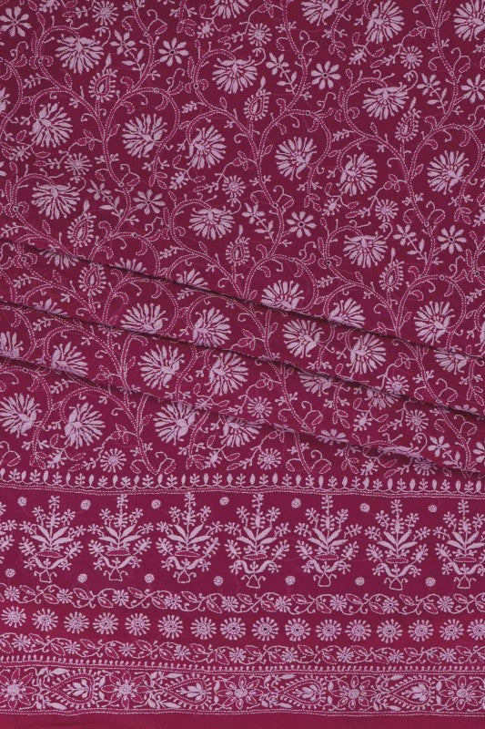 Ada Hand Embroidered Magenta Pure Georgette Lucknowi Chikan Unstitched Kurta Dupatta Set- A583323