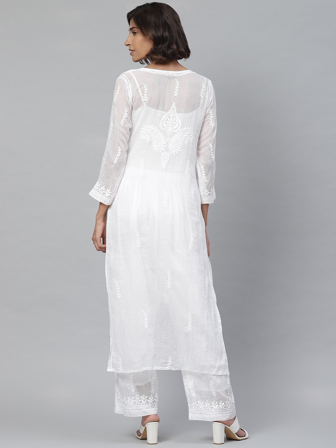 Ada Hand Embroidered White Kota Lucknowi Chikankari Straight Kurta Set With Slip A811111