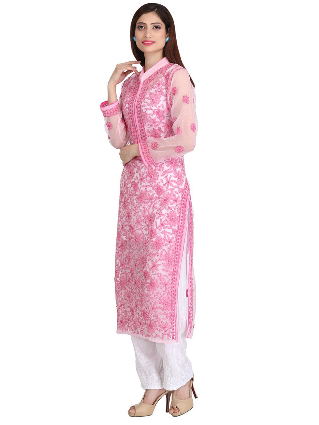 Ada Hand Embroidered Pink Georgette Lucknowi Chikankari Straight  Kurta with Slip– A225196