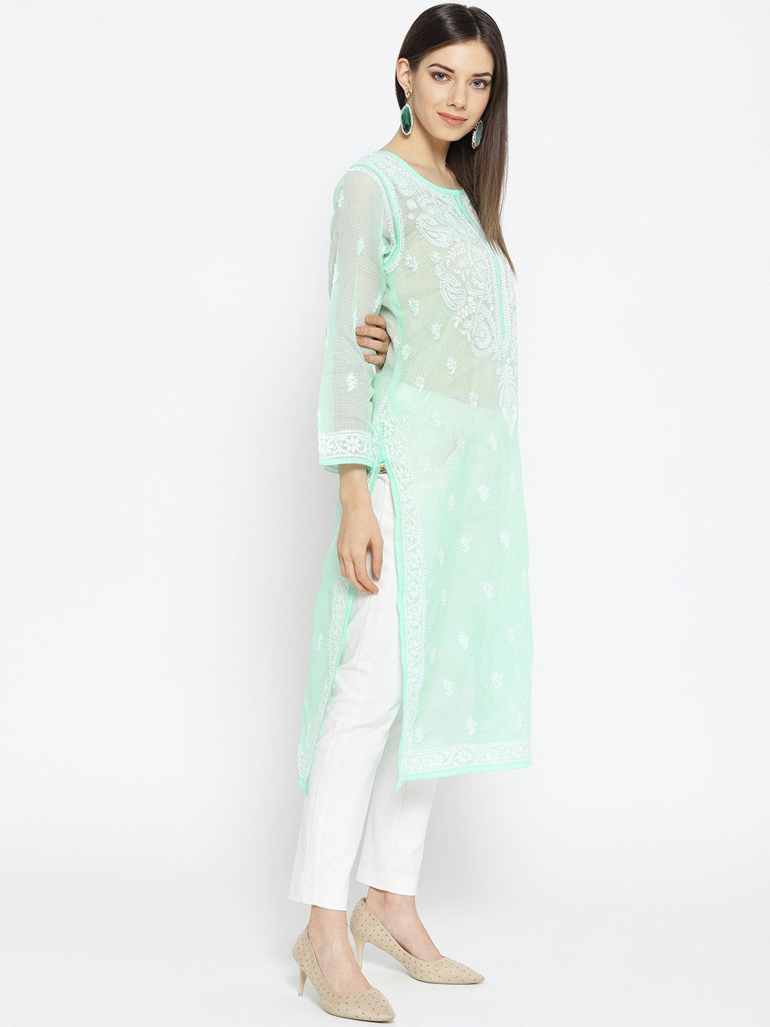 Ada Hand Embroidered Sea Green Kota Lucknow Chikankari Straight Kurta With Slip A100120