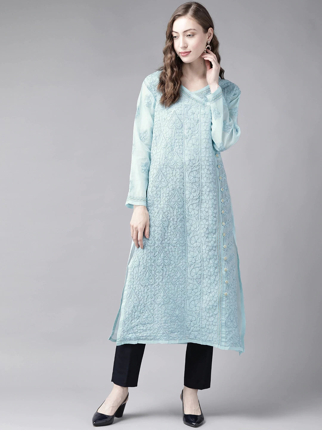 Ada Hand Embroidered Blue Cotton Lucknow Chikan Kurta A411250