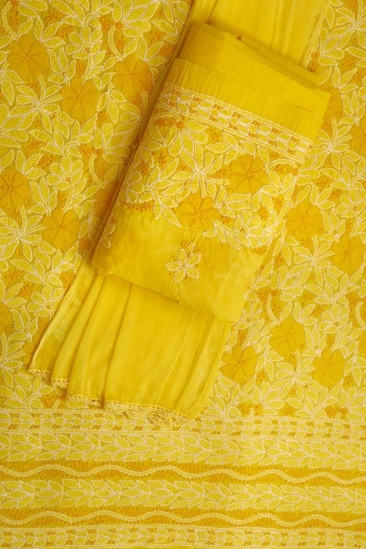 Ada Hand Embroidered Yellow Cotton Lucknowi Chikan Unstitched Suit Piece-A100302