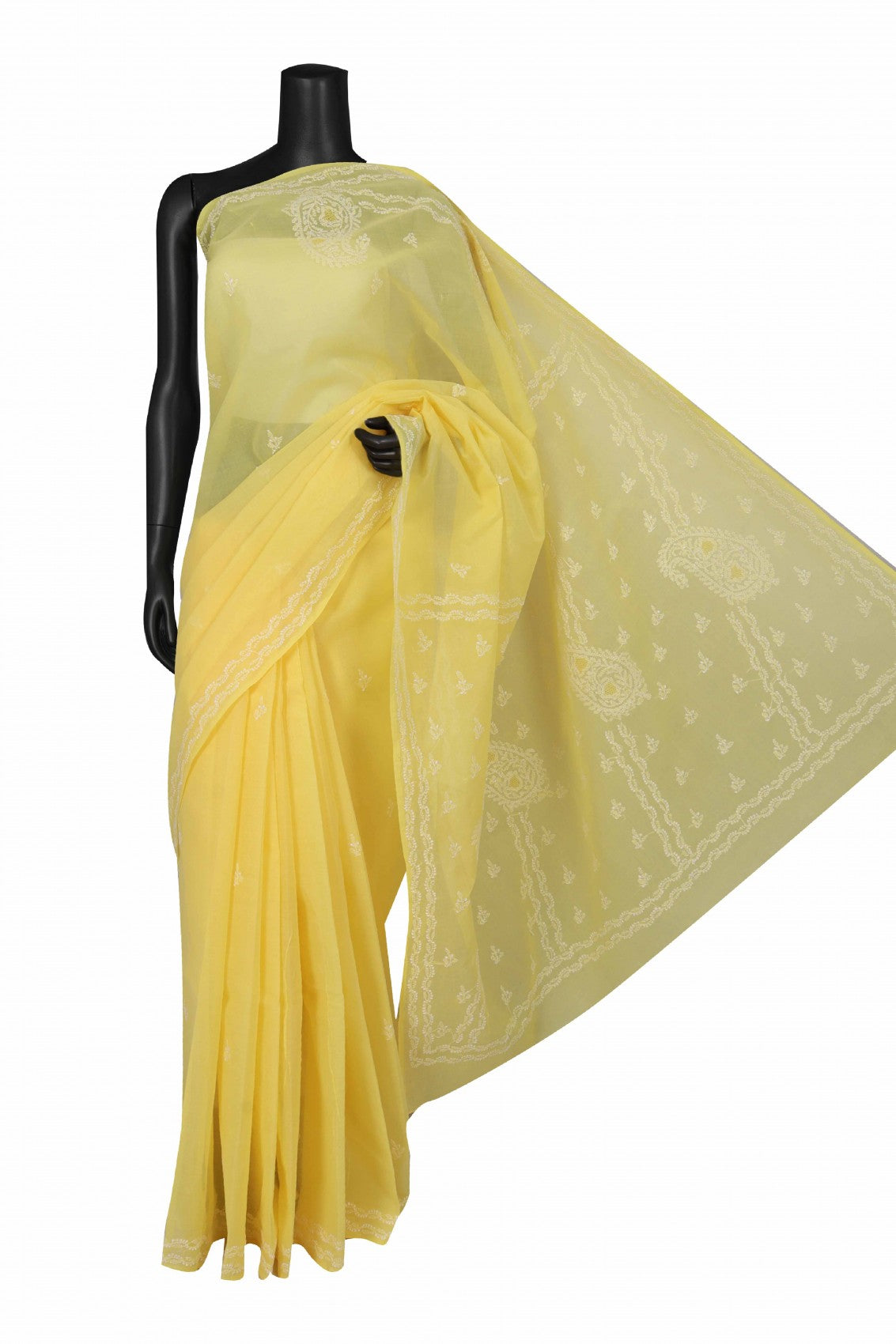 Ada Hand Embroidered Yellow Cotton Lucknow Chikankari Saree with Blouse A614074