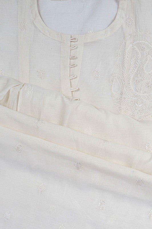 Ada Hand Embroidered White Chanderi Lucknowi Chikankari Semi-Stitched Kurta Piece A601075