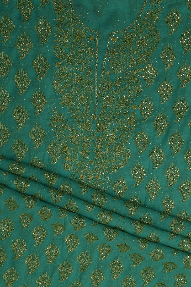 Ada Hand Embroidered Sea Foam Green Chanderi Lucknowi Chikan Unstitched Suit Piece With Muqaish Work–A588563