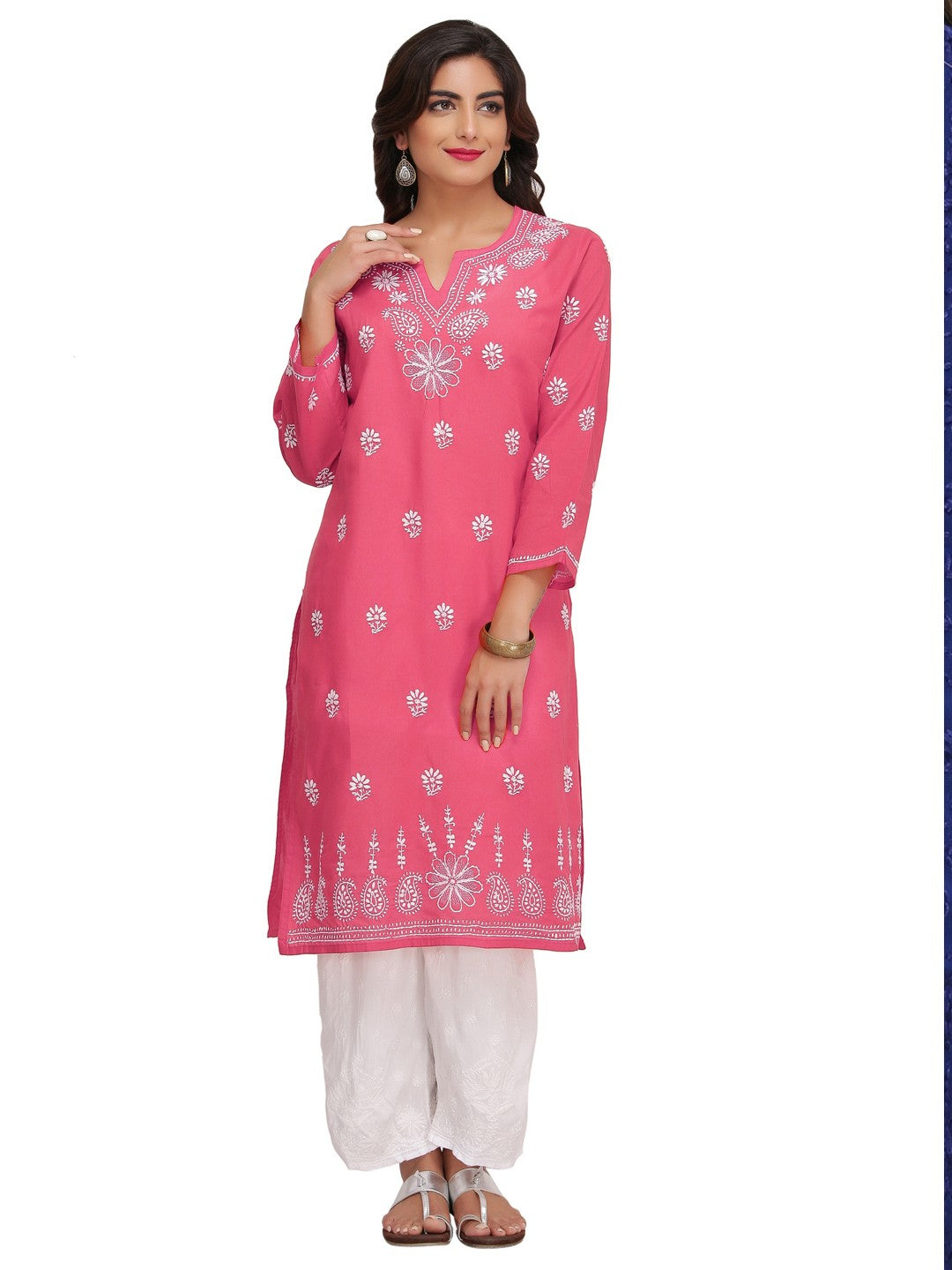 Ada Hand Embroidered Carrot Pink Cotton Lucknowi Chikankari Straight  Kurti A249004