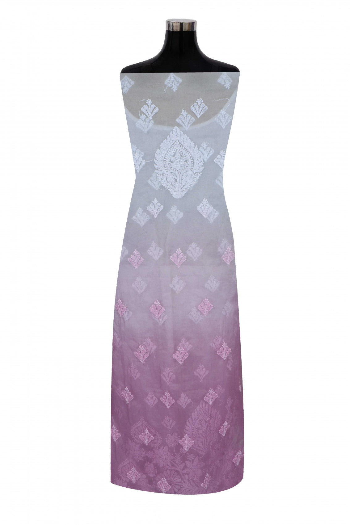 Ada Hand Embroidered Blue And Pink Ombre Shade Organza Lucknowi Chikankari Unstitched Kurta Dupatta Set 01A270924