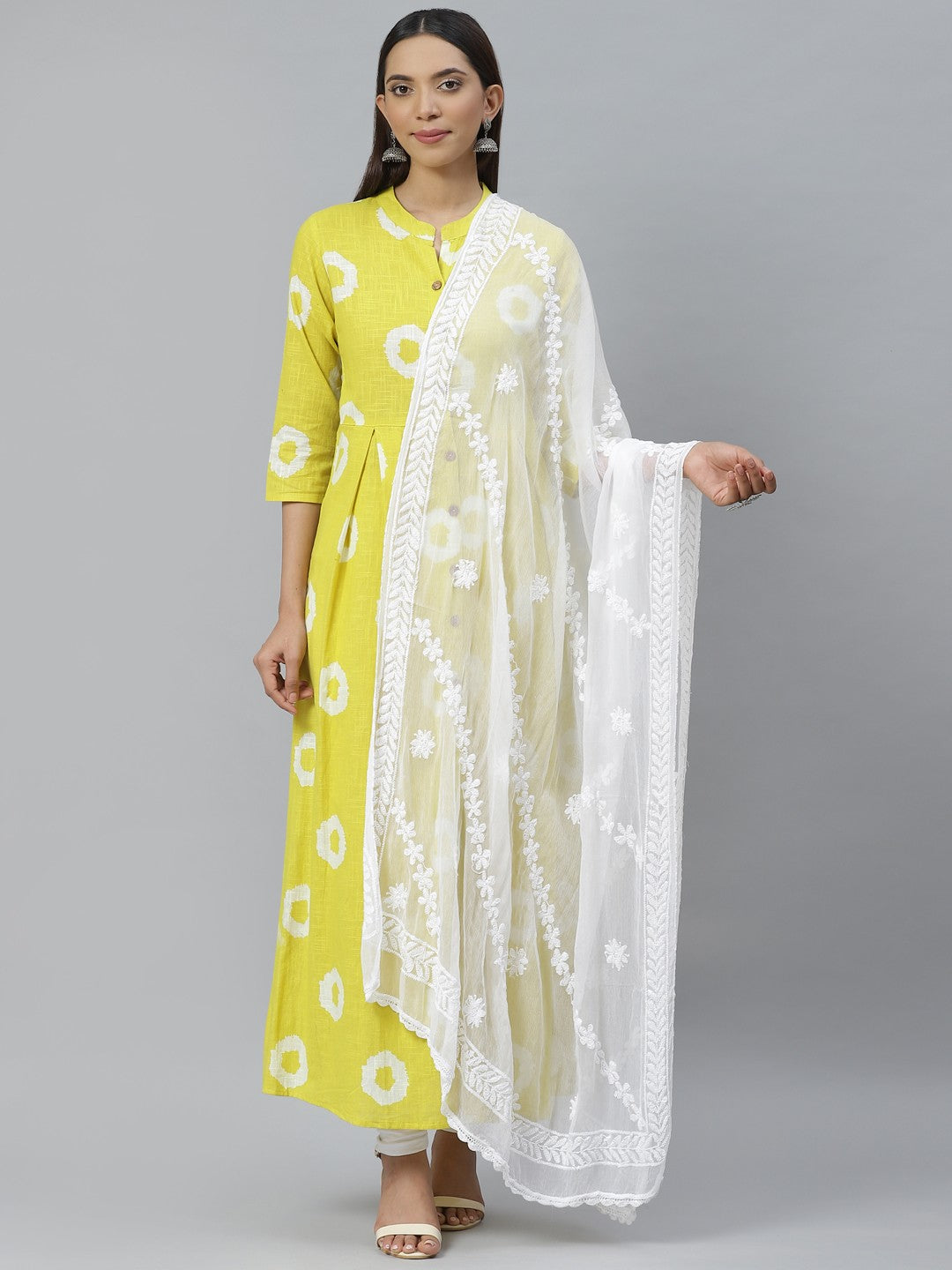 Ada Hand Embroidered White Chiffon Lucknowi Chikankari Dupatta– A511127