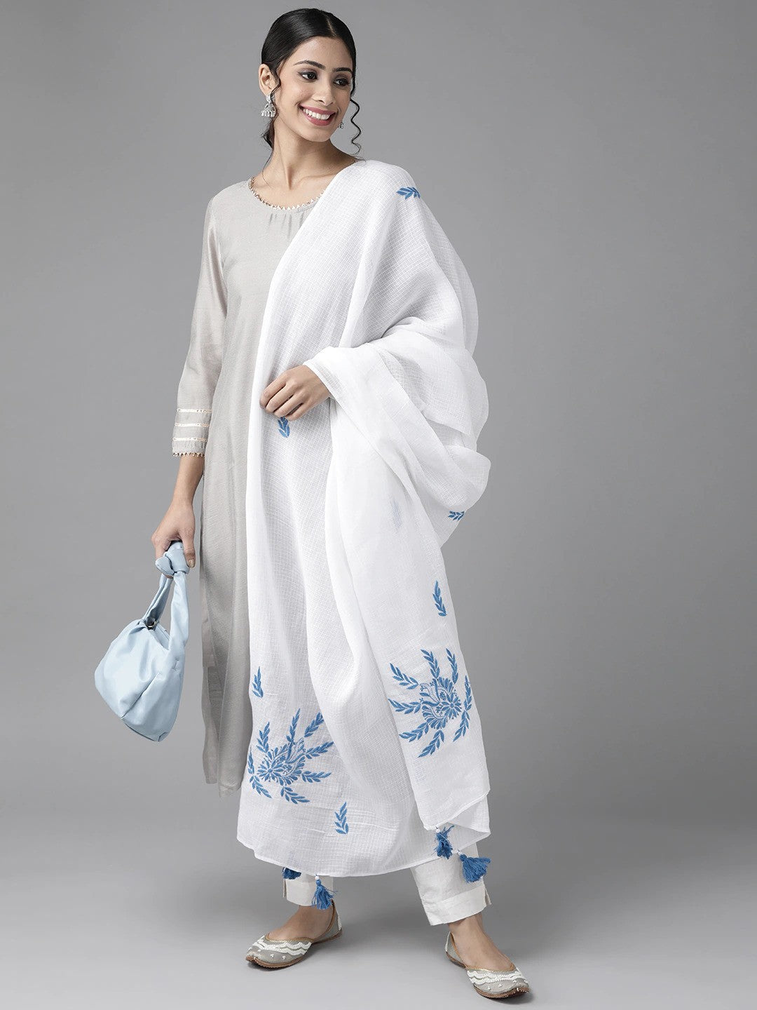 Ada Hand Embroidered White Kota Lucknowi Chikankari Dupatta- A511144