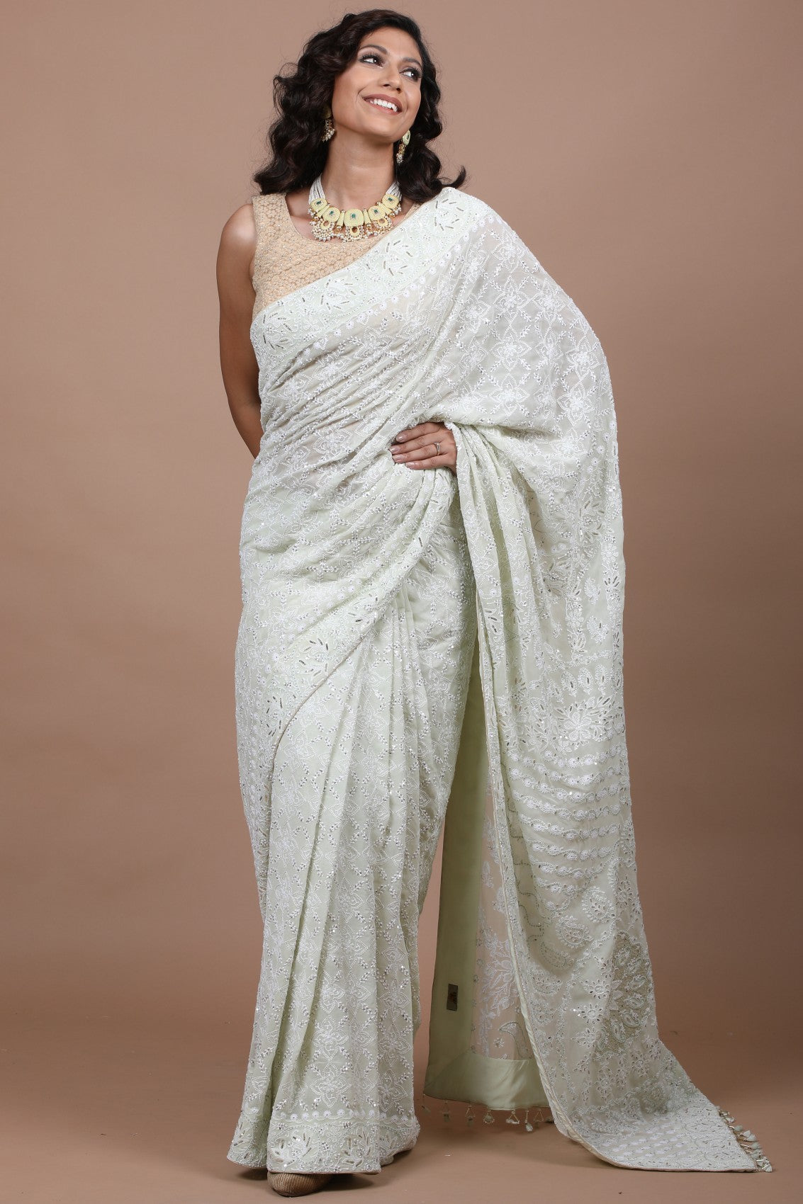 Ada Hand Embroidered Pista Green Georgette Lucknow Chikankari Saree/Blouse With Sequinned Work 01A209271