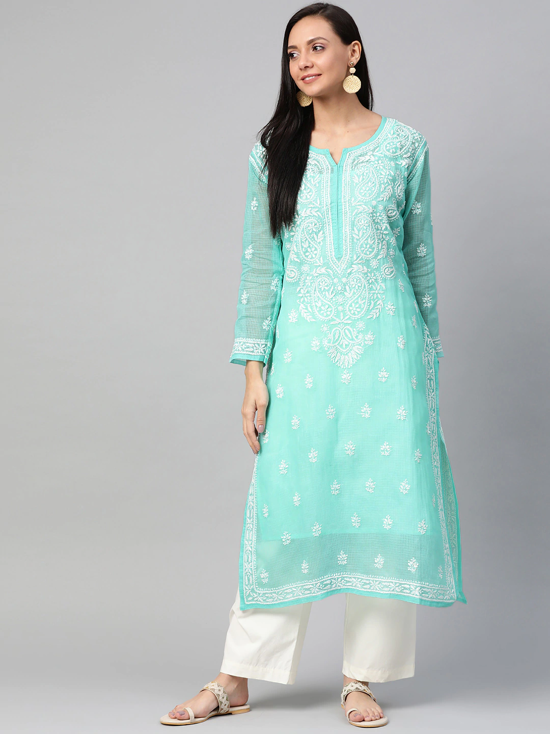 Ada Hand Embroidered Sea Green Kota Lucknowi Chikankari Straight Kurta With Slip A100533