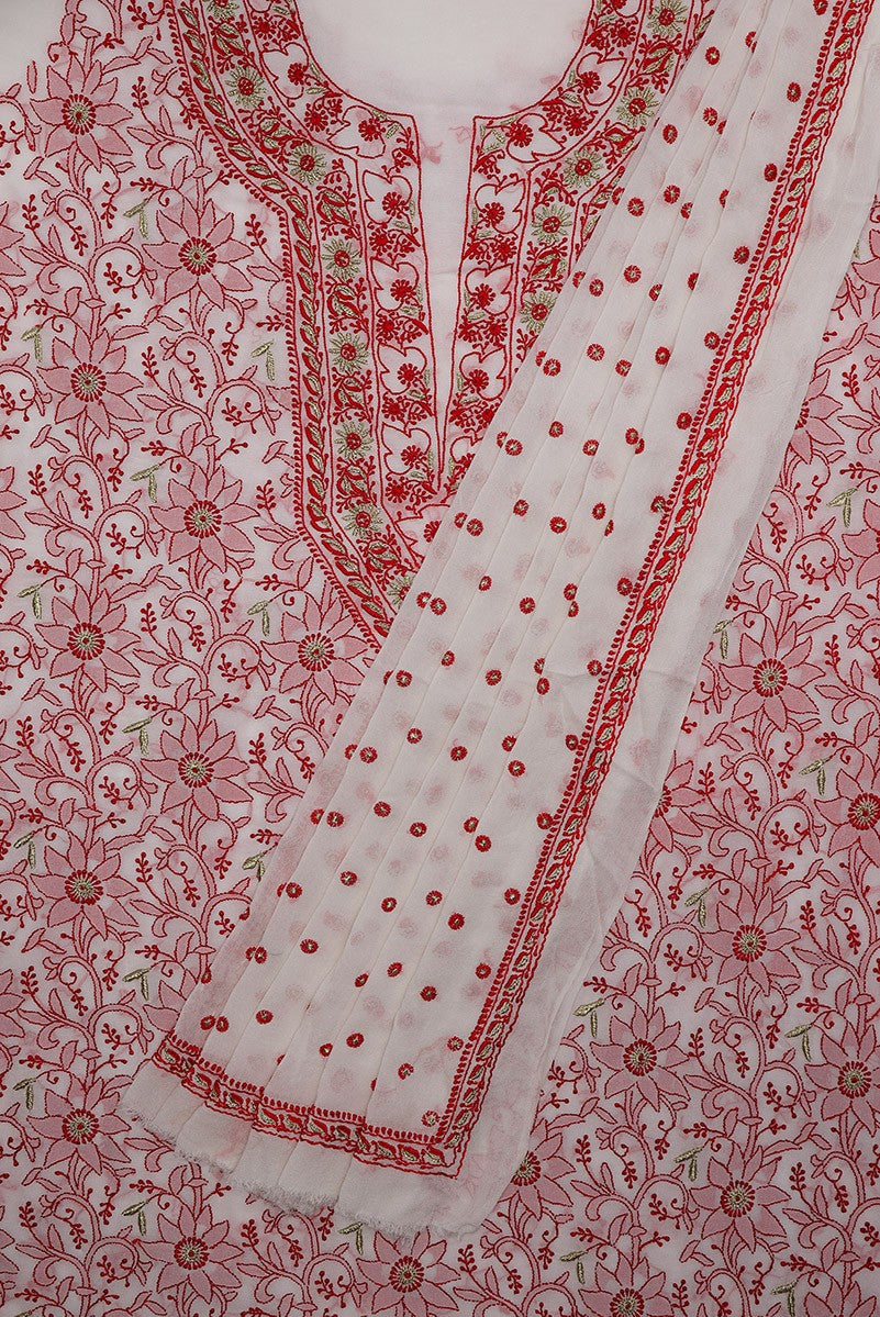 Ada Hand Embroidered White Pure Georgette Lucknowi Chikan Unstitched Kurta Dupatta Set A154970