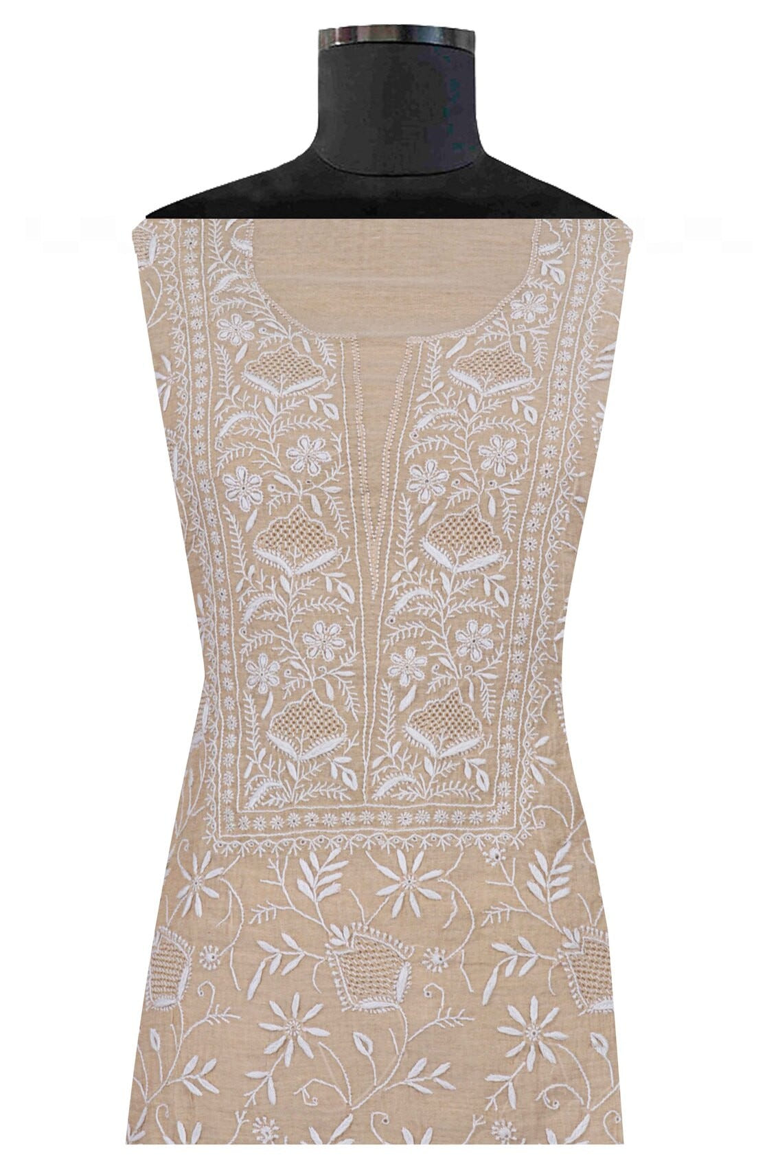 Ada Hand Embroidered Natural Fawn Tissue Lucknowi Chikankari Unstitched Kurta Dupatta Set 01A213418