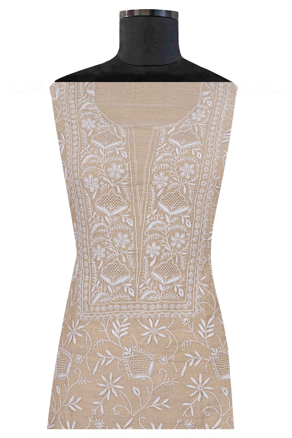 Ada Hand Embroidered Natural Fawn Tissue Lucknowi Chikankari Unstitched Kurta Dupatta Set 01A213418