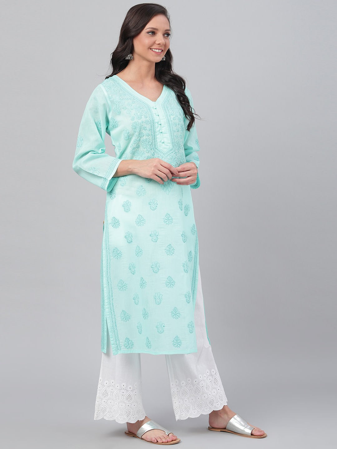 Ada Hand Embroidered Sea Green Cotton Lucknowi Chikankari Straight Kurta A238249
