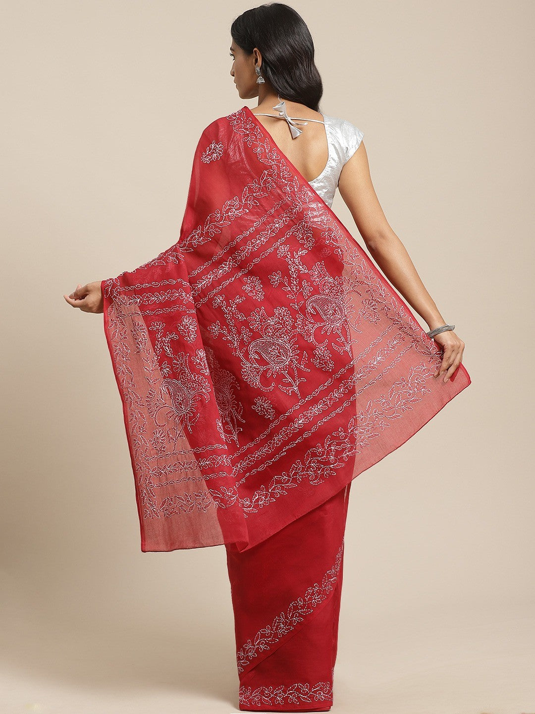 Ada Hand Embroidered Maroon Cotton Lucknow Chikan Saree With Blouse- A311131