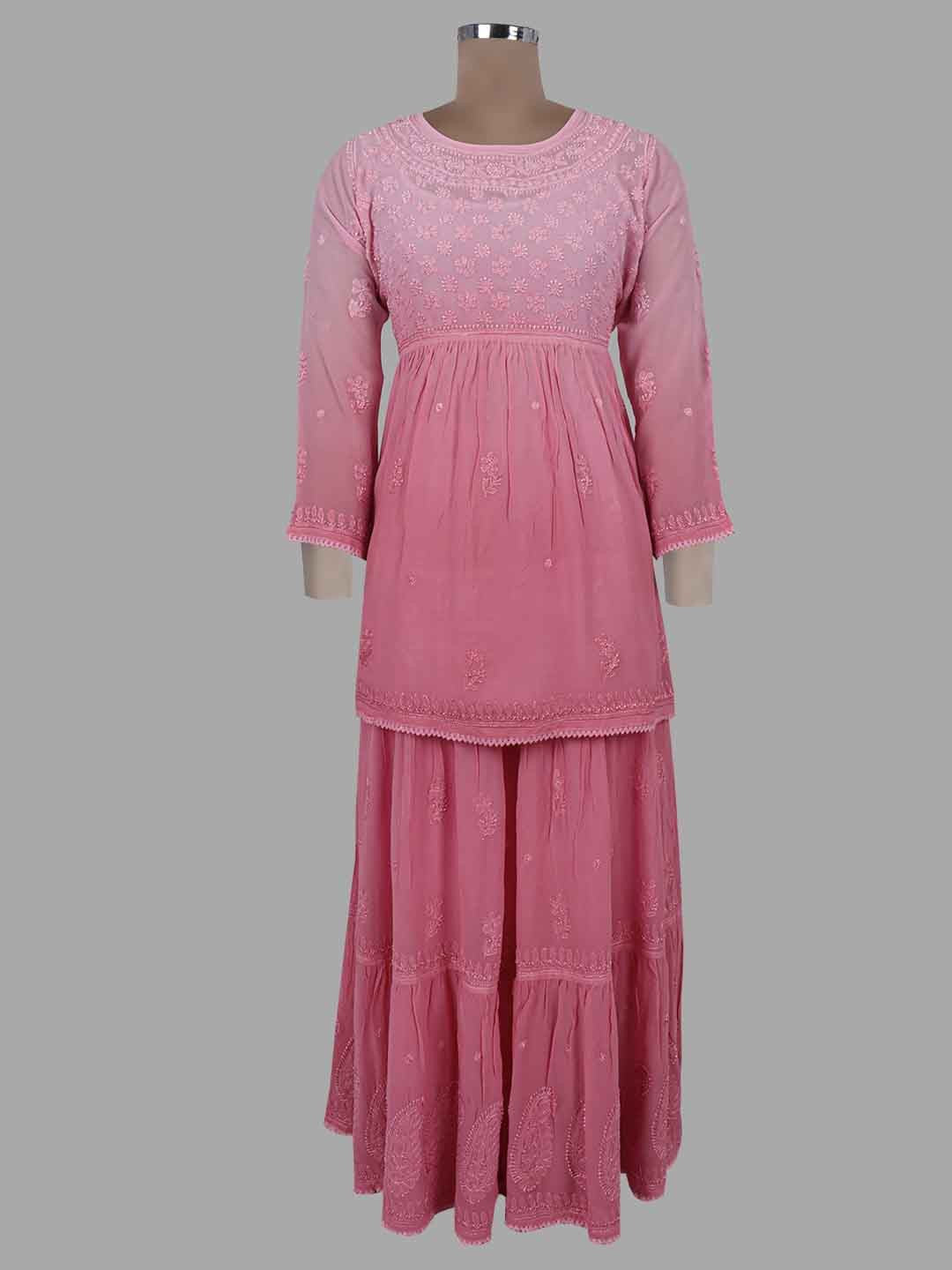Ada Hand Embroidered Onion Pink Viscose Georgette Lucknowi Chikankari Kurta Dupatta And Palazzo Set 01A220225