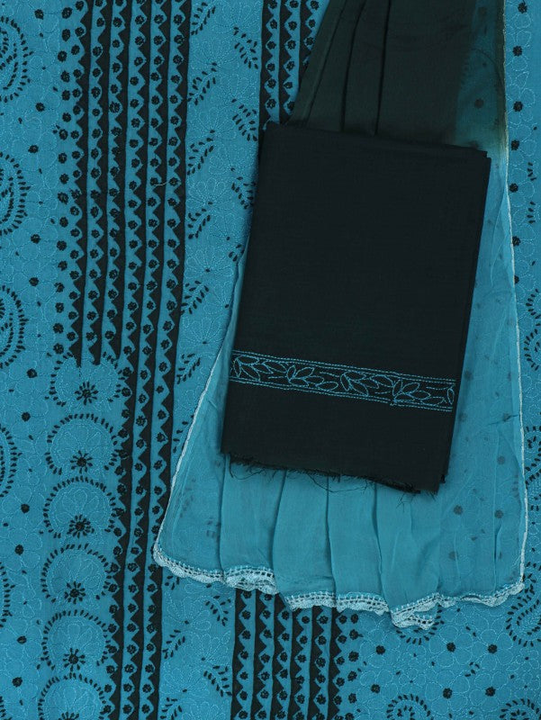 Ada Hand Embroidered Teal Blue Cotton Lucknowi Chikankari Unstitched Suit Piece 01A215219