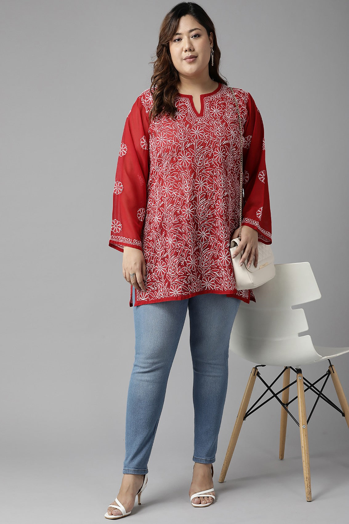 Ada Hand Embroidered Red Georgette Lucknowi Chikankari Straight Kurti A911230