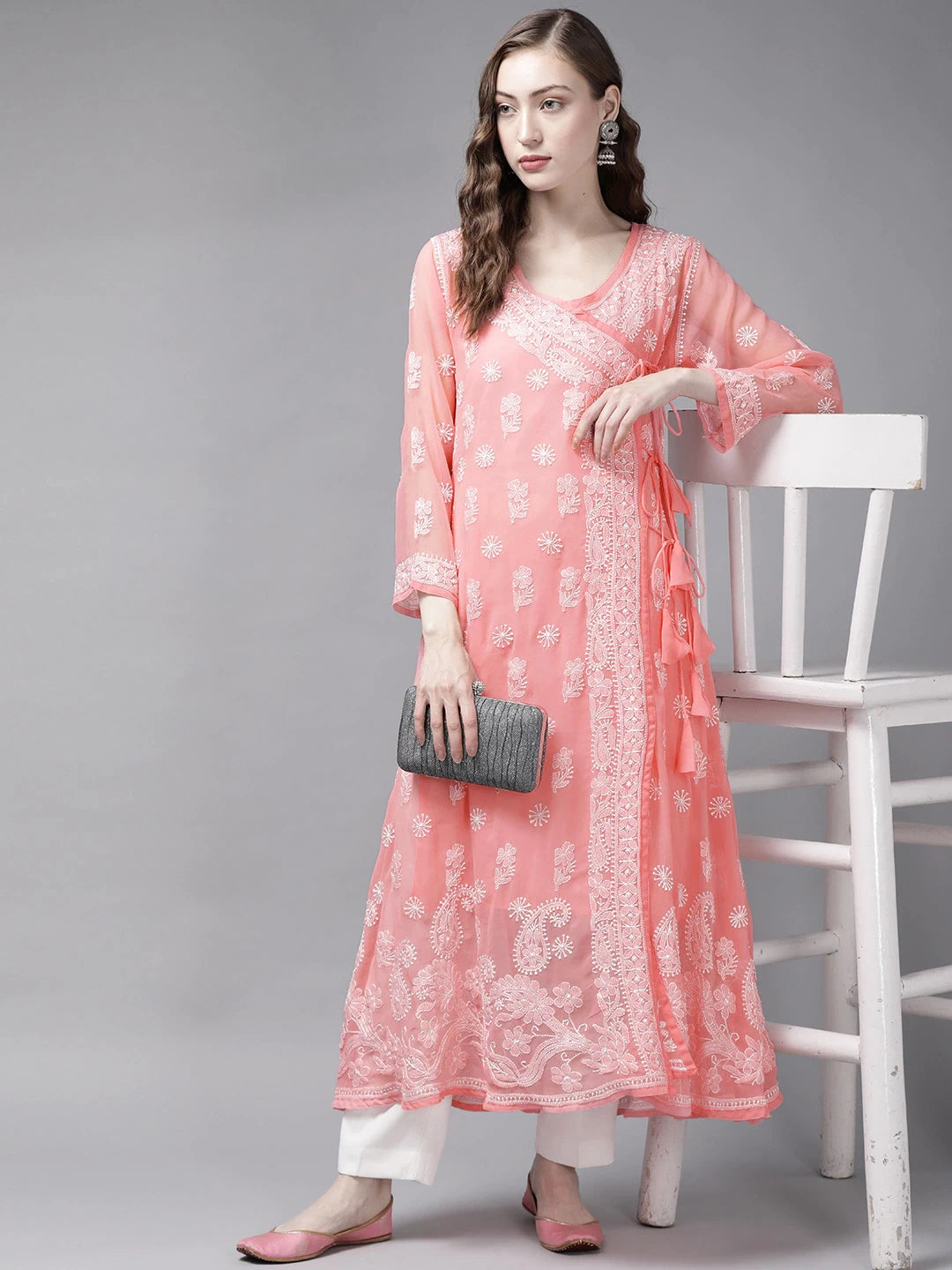Ada Hand Embroidered Peach Georgette Lucknow Chikankari Angarkha Kurta with Slip A411261