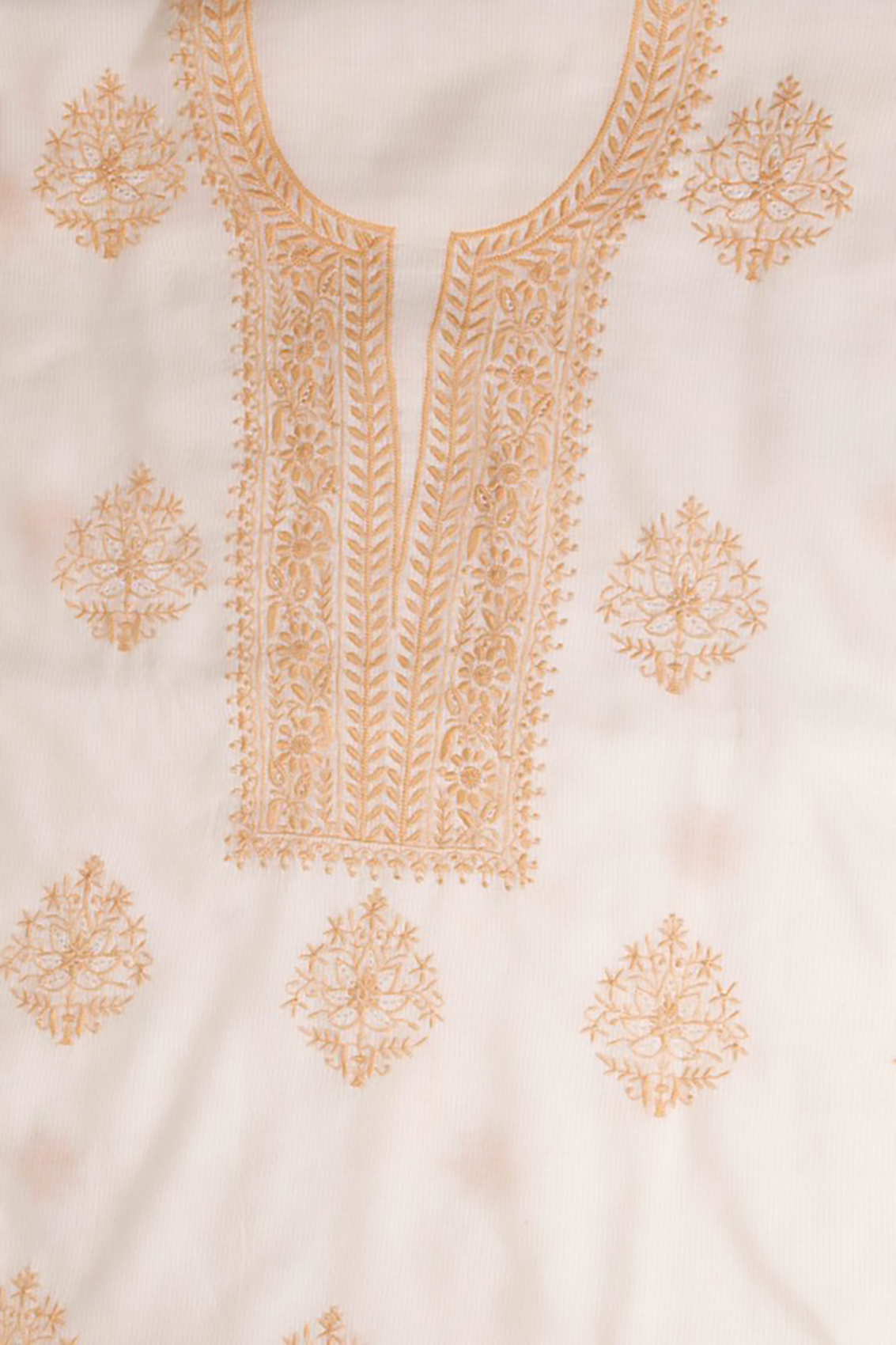 Ada Hand Embroidered Cream Chanderi Lucknowi Chikankari Unstitched Kurta Dupatta Set 01A10301