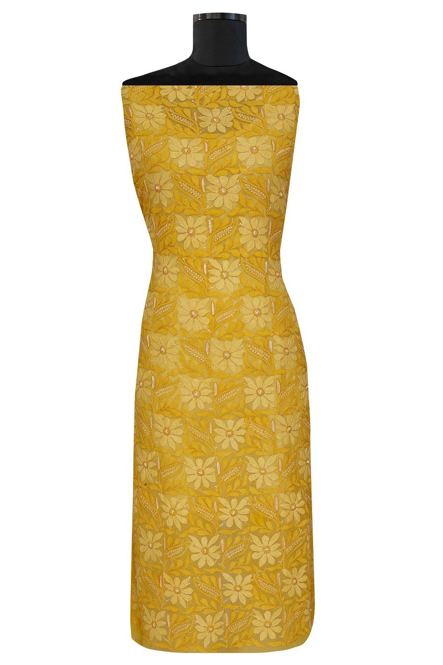 Ada Hand Embroidered Yellow Georgette Chikan Unstitched Kurta Piece A611835