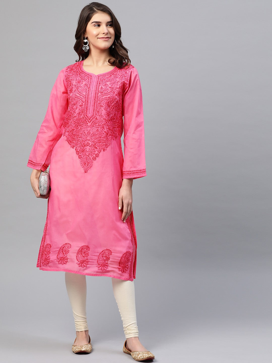 Ada Hand Embroidered Pink Cotton Lucknowi Chikan Straight Kurta A238185
