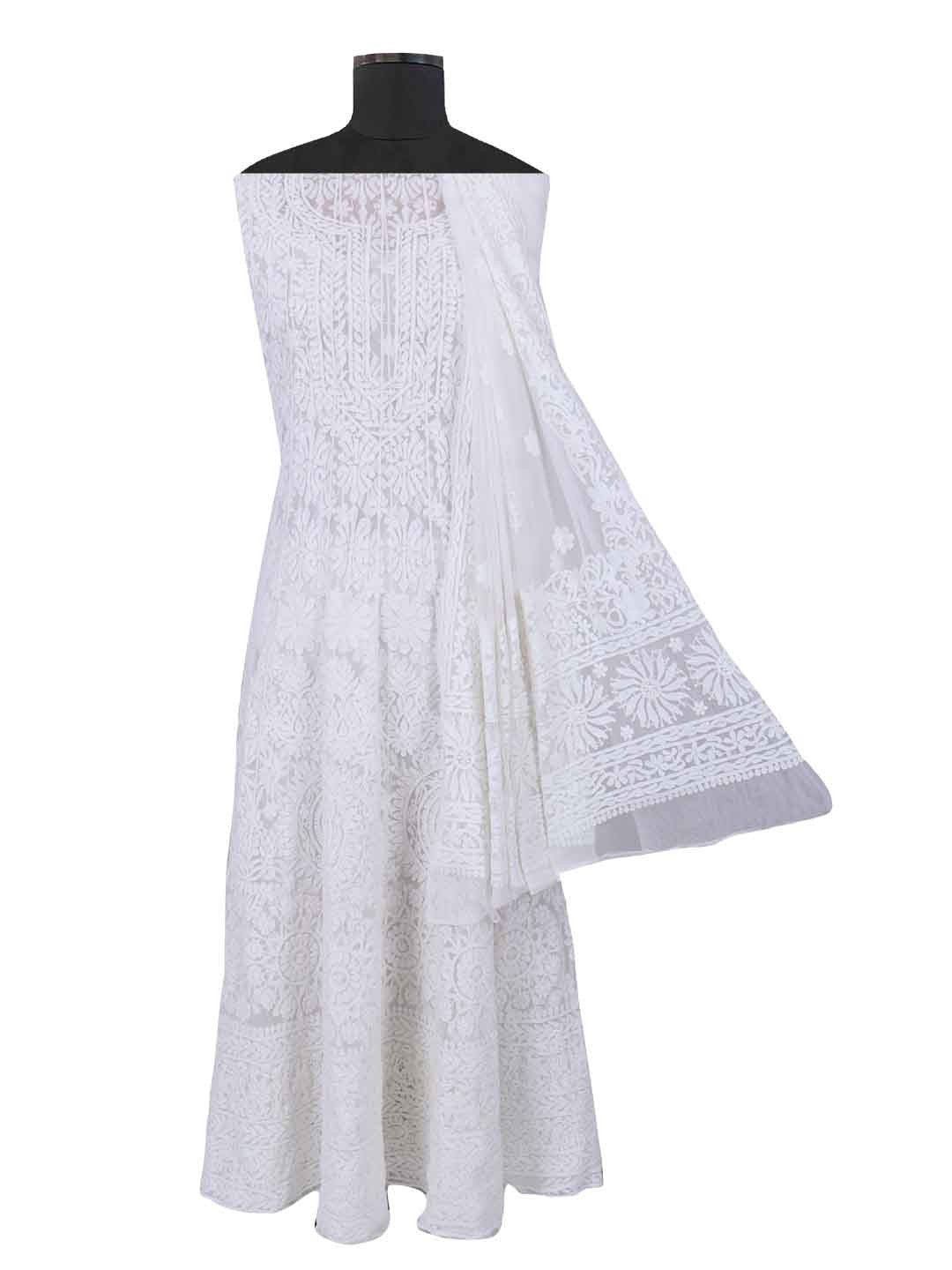Ada Hand Embroidered White Net Lucknowi Chikankari Semi-stitched Anarkali Kurta Dupatta Set 01A167418