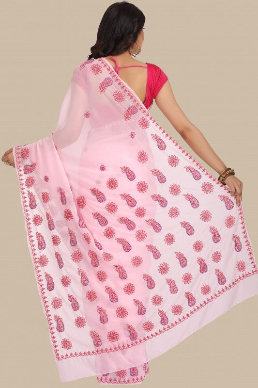 Ada Hand Embroidered Pink Georgette Lucknowi Chikankari Saree With Blouse A191575