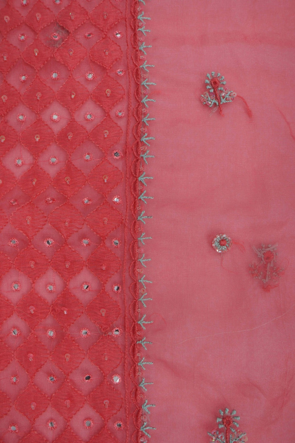 Ada Hand Embroidered Carrot Pink Organza Lucknowi Chikankari Unstitched Kurta Dupatta Set With Cutdana Work 01A121931