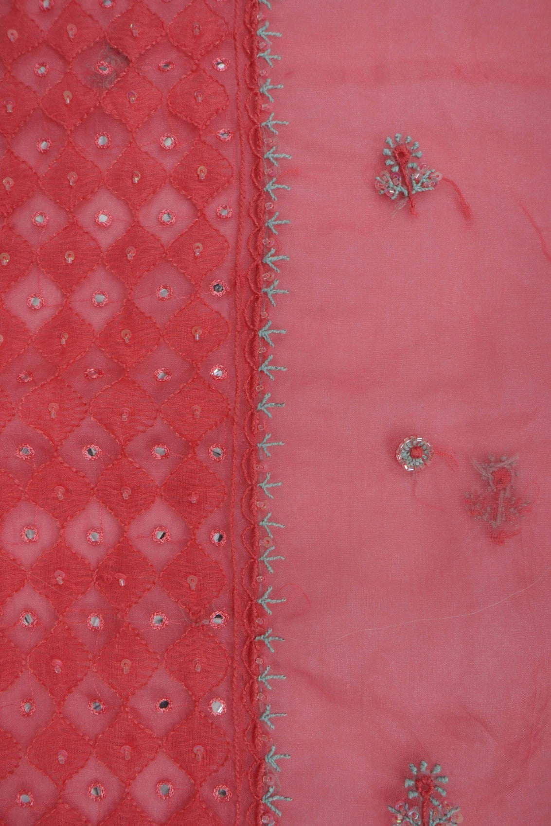 Ada Hand Embroidered Carrot Pink Organza Lucknowi Chikankari Unstitched Kurta Dupatta Set With Cutdana Work 01A121931