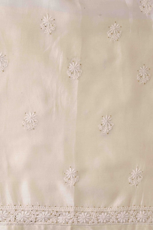 Ada Hand Embroidered Cream Chanderi Lucknowi Chikan Unstitched Kurta Dupatta Set-A595038