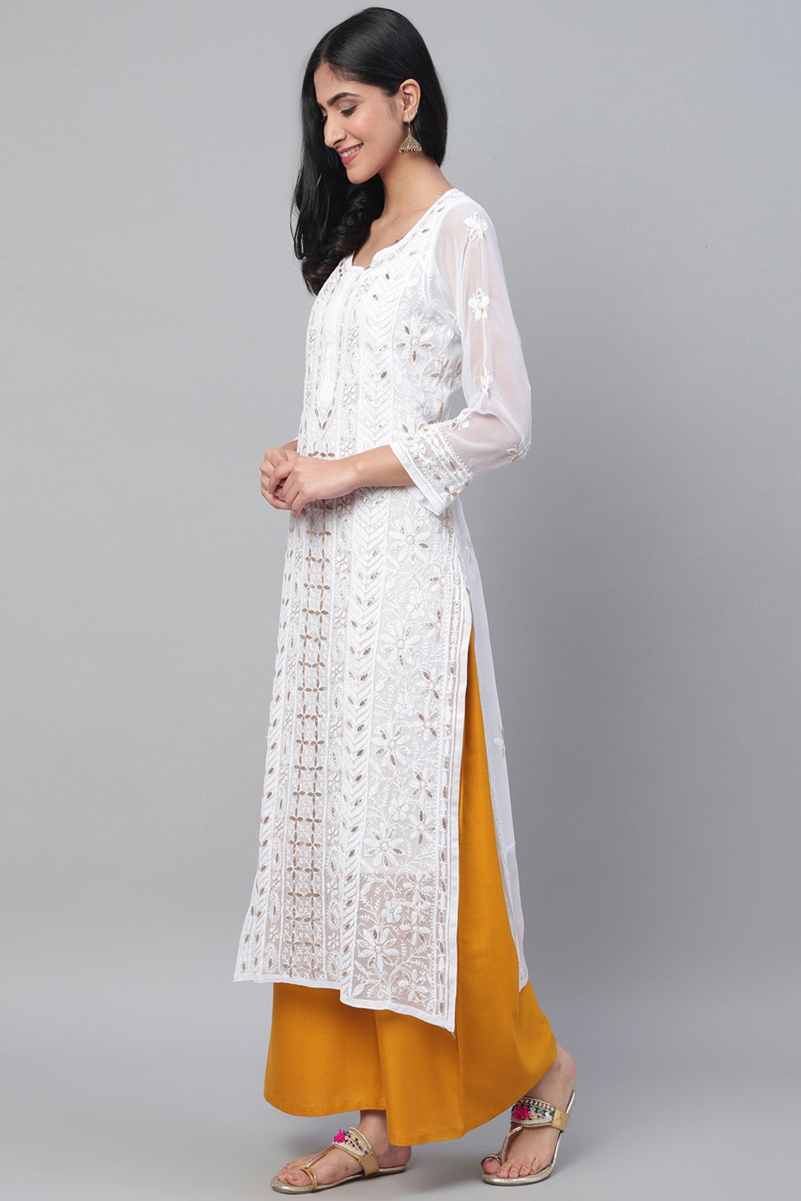 Ada Hand Embroidered White Georgette Lucknowi Chikankari Straight Kurta/Slip with Gota patti Work A411114