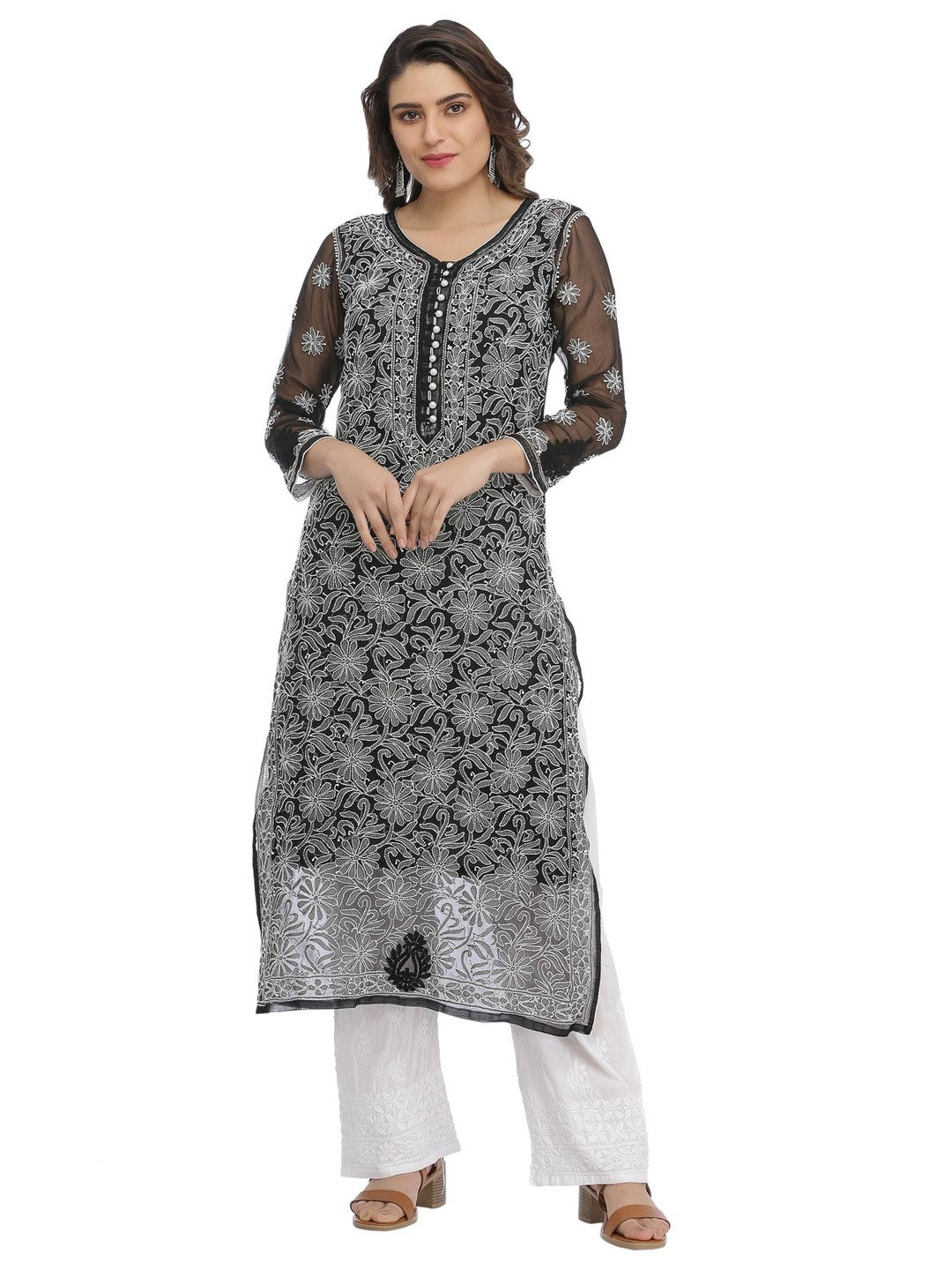 Ada Hand Embroidered Black Georgette Lucknowi Chikankari Straight Kurta with Slip A392886