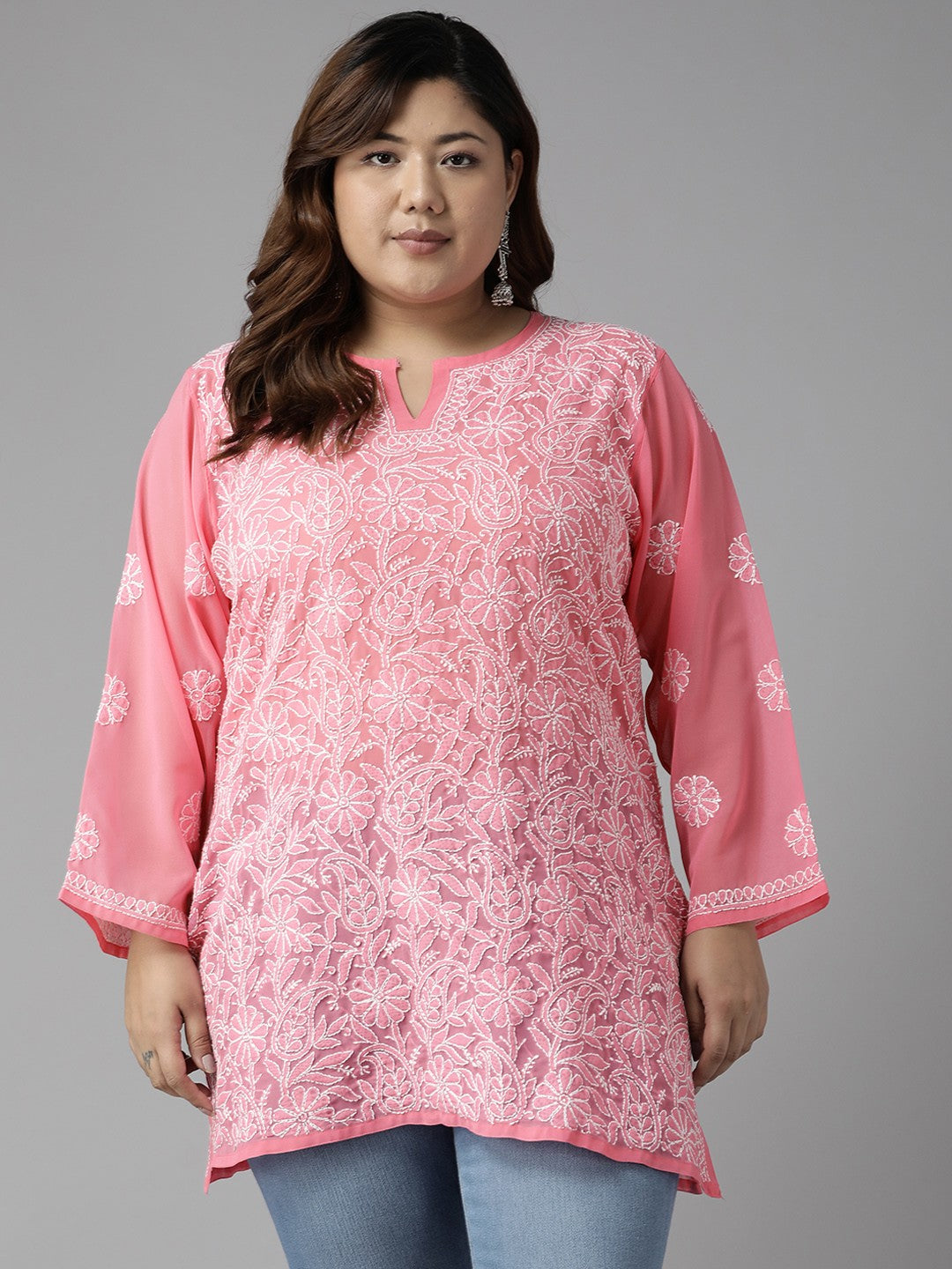 Ada Hand Embroidered Rose Pink Georgette Lucknowi Chikankari Straight Kurti A911225