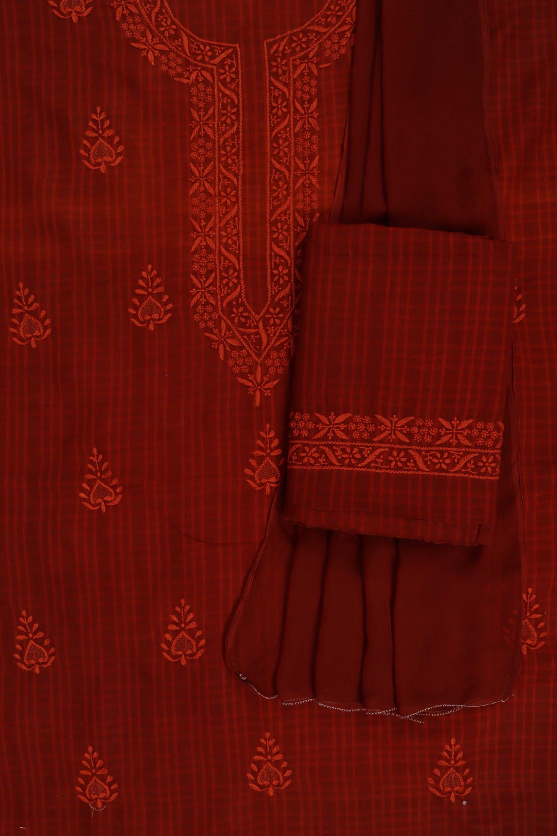 Ada Hand Embroidered Amber Rust Cotton Lucknowi Chikan Unstitched Suit Piece A93234