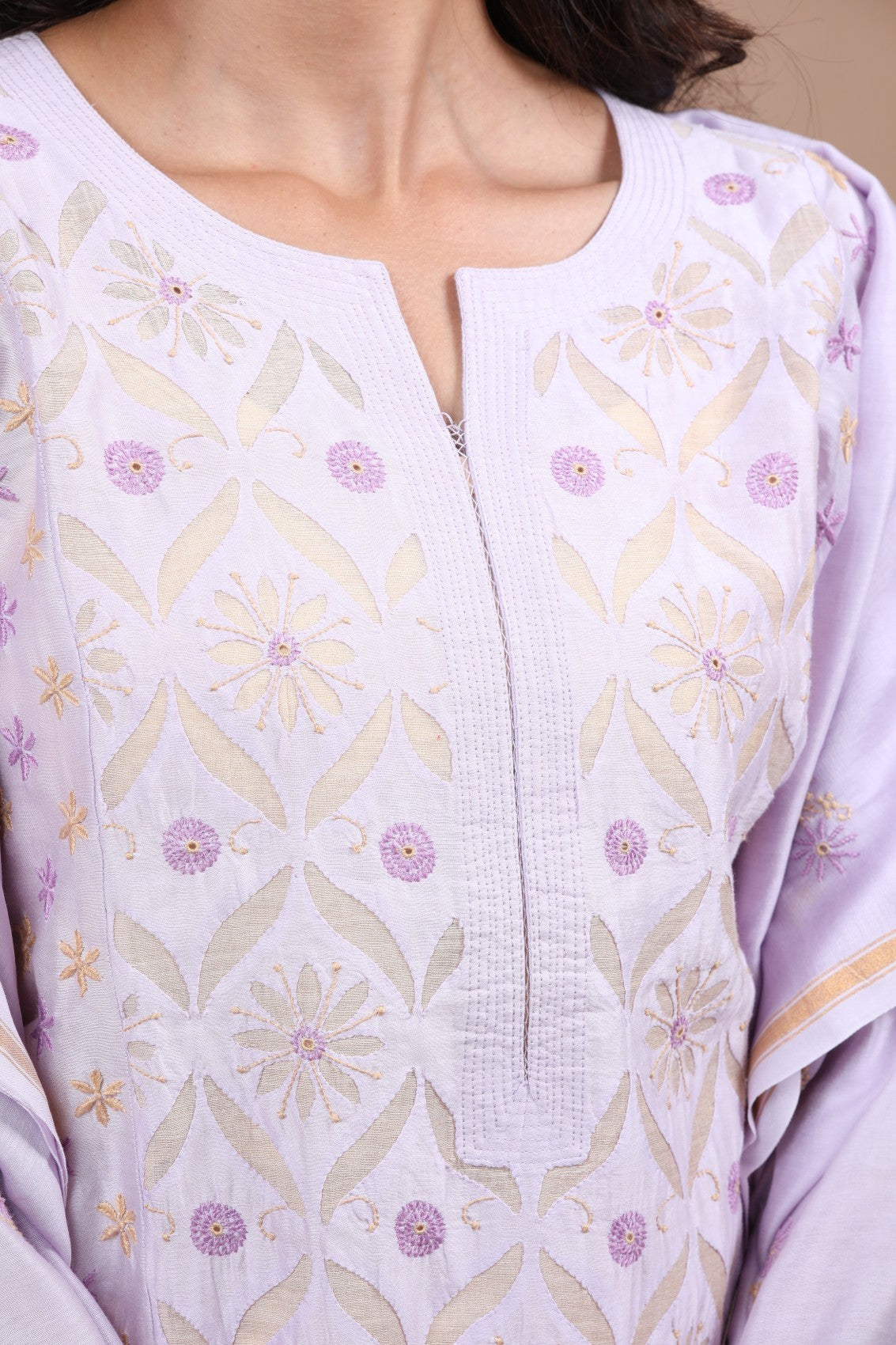 Ada Hand Embroidered Lilac Chanderi Lucknowi Chikankari Semi-stitched Kurta Dupatta Set 01A224141