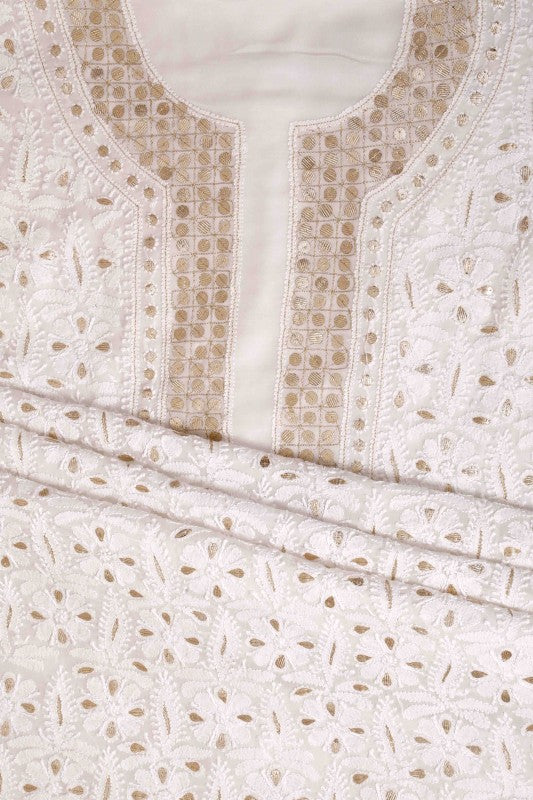 Ada Hand Embroidered White Georgette Lucknowi Chikan Unstitched Kurta Piece with Gota Patti Work A611972