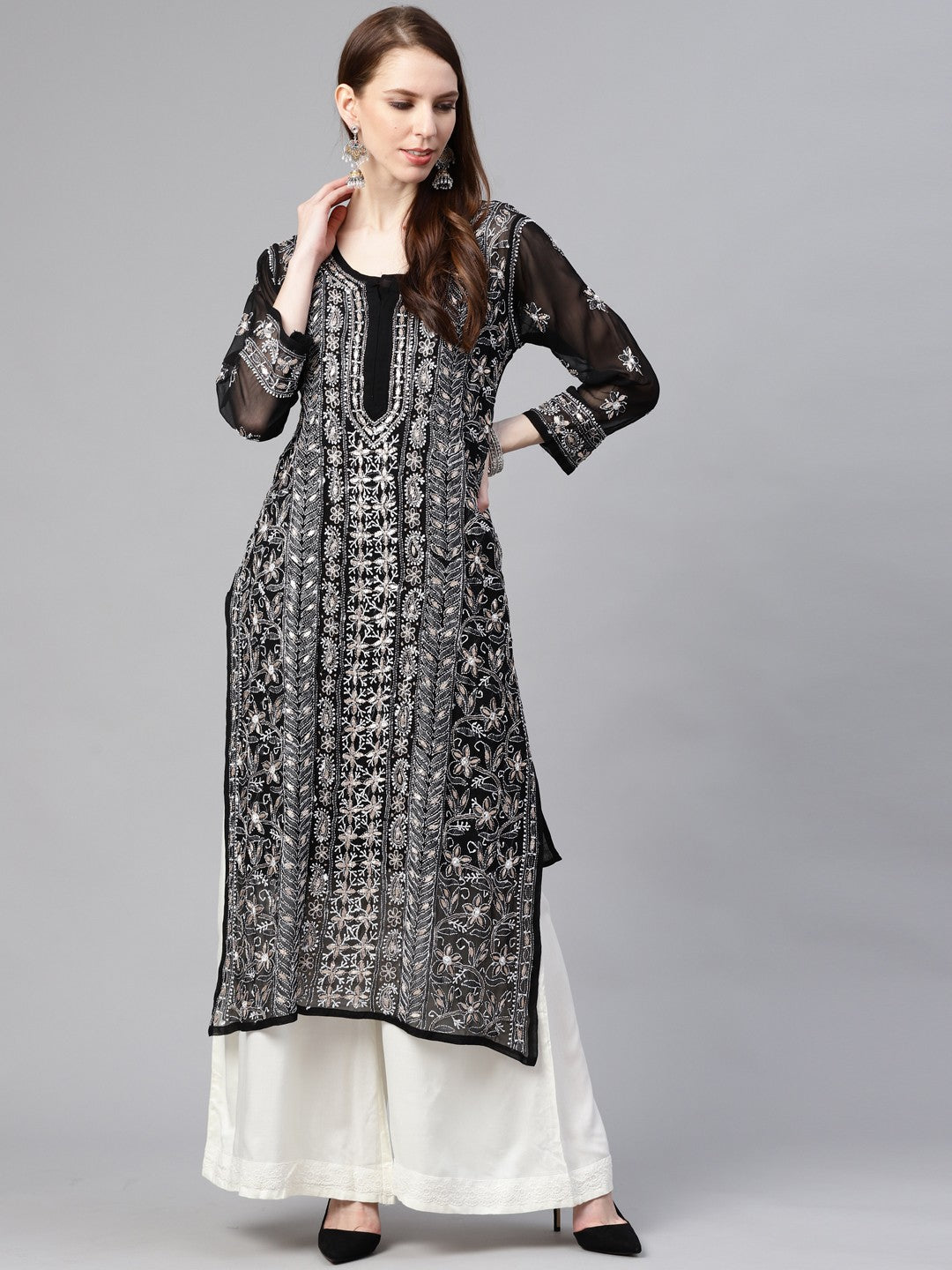 Ada Hand Embroidered Black Georgette Lucknowi Chikan Straight Kurta/Slip with Gota patti Work A411116