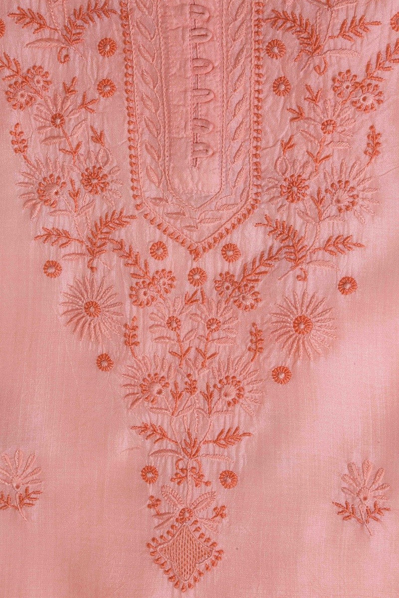 Ada Hand Embroidered Pink Silk Lucknowi Chikan Semi-Stitched Kurta Piece-A619875