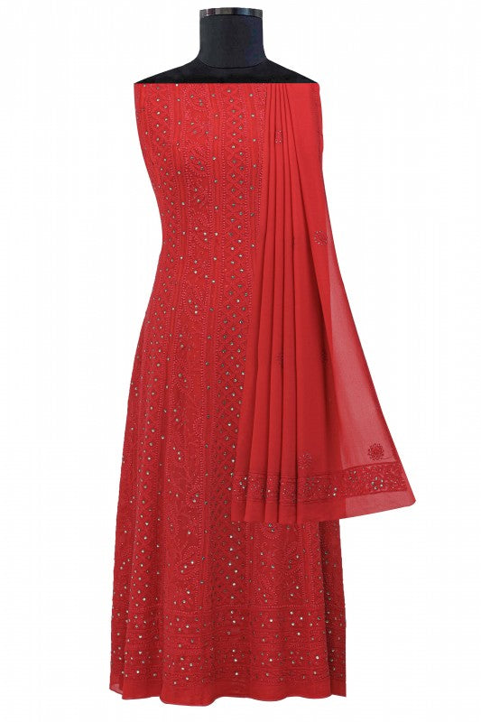 Ada Hand Embroidered Red Pure Georgette Lucknowi Chikankari Semi-stitched Anarkali Kurta Dupatta Set With Muqaish Work- A578342