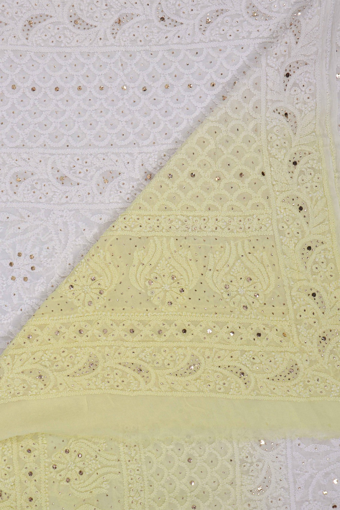 Ada Hand Embroidered Dual Shade Lemon/White Georgette Lucknowi Chikankari Dupatta With Muqaish Work 01A187051
