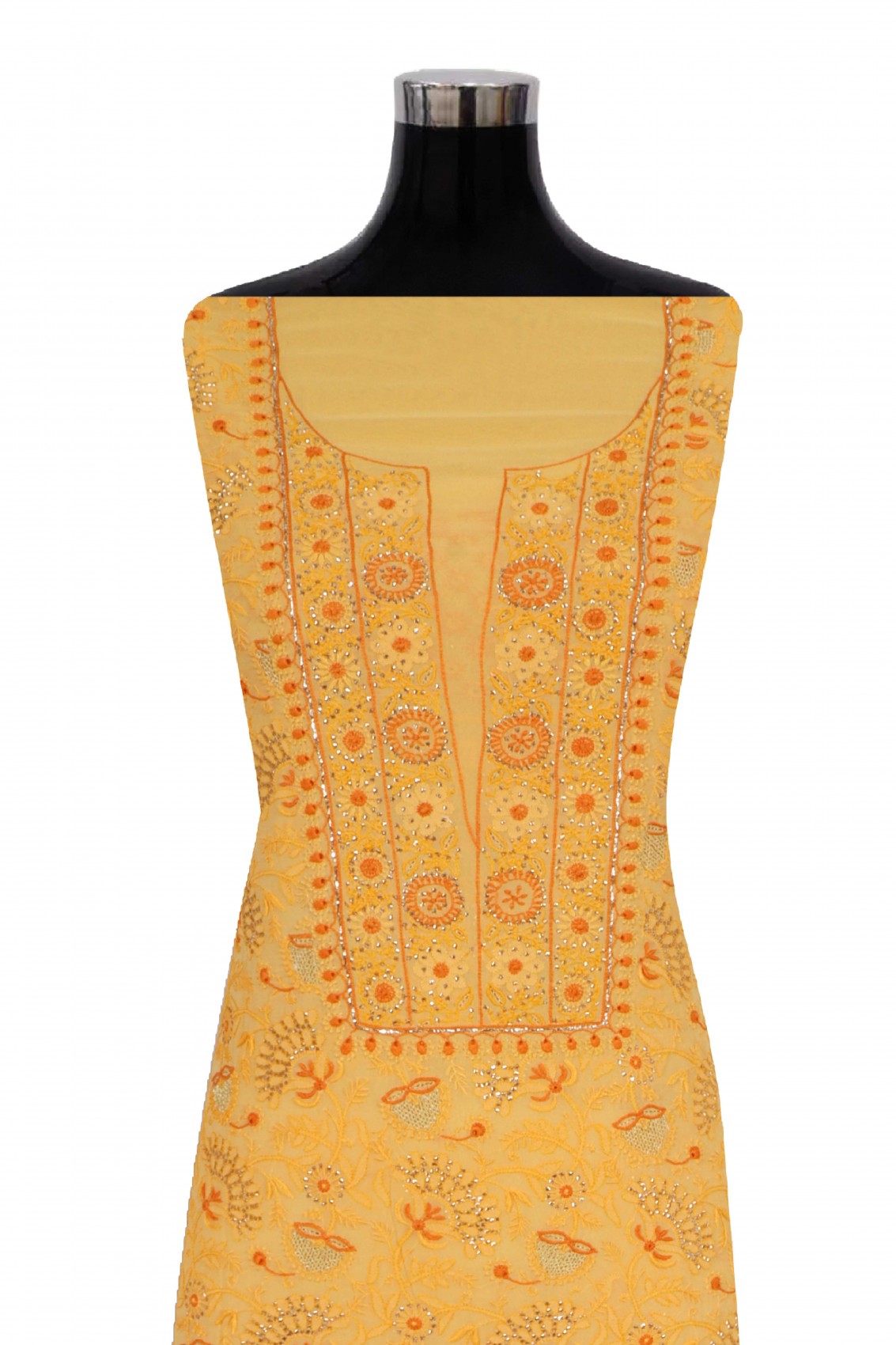 Ada Hand Embroidered Yellow Pure Georgette Lucknowi Chikankari Unstitched Suit Piece With Muqaish Work 01A157718