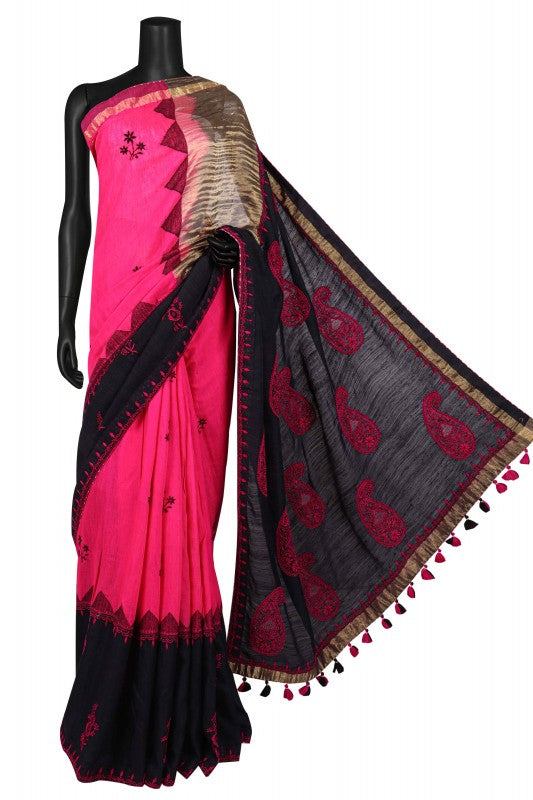 Ada Hand Embroidered Black Dual Shade Ghicha Silk Lucknowi Chikankari Saree With Blouse A49744