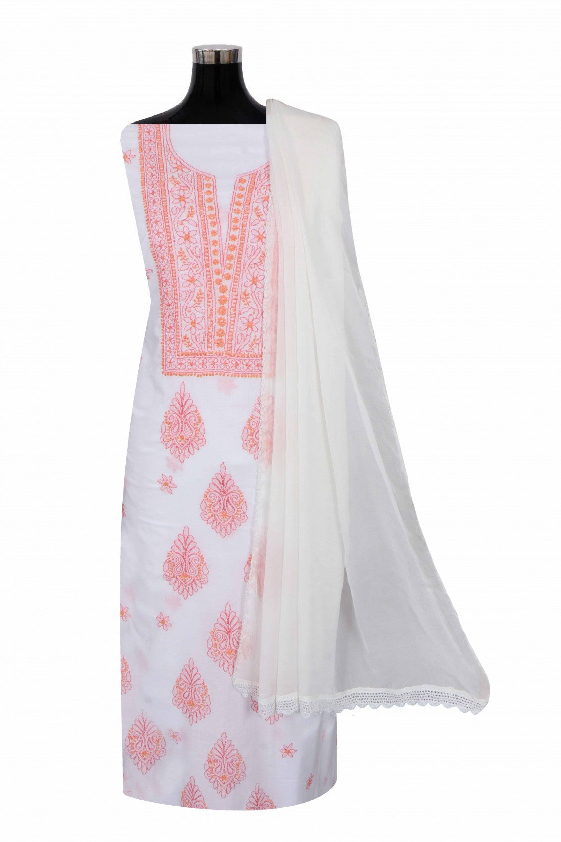 Ada Hand Embroidered White Cotton Lucknowi Chikankari Unstitched Suit Piece 01A275104