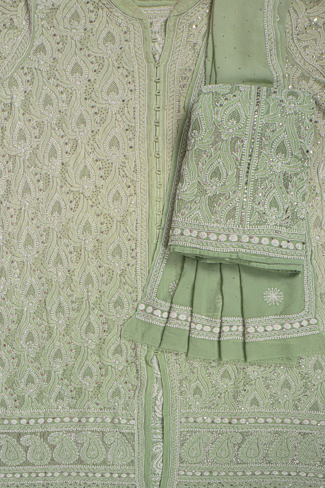 Ada Hand Embroidered Tea Green Pure Georgette Lucknowi Chikankari Semi-Stitched Suit Set With Muqaish Work A77998