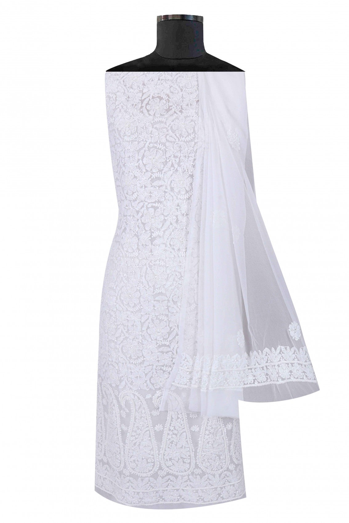 Ada Hand Embroidered White Georgette Lucknowi Chikankari Unstitched Suit Piece With Pearl Work 01A28076