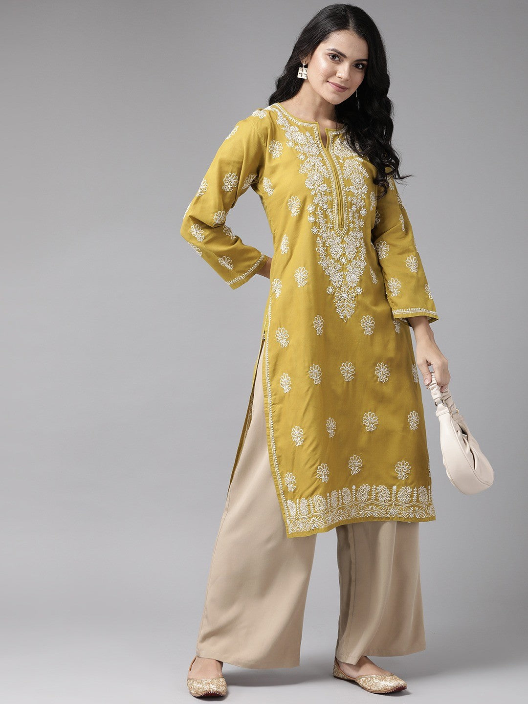 Ada Hand Embroidered Green Cotton Lucknowi Chikankari straight Kurta A207102