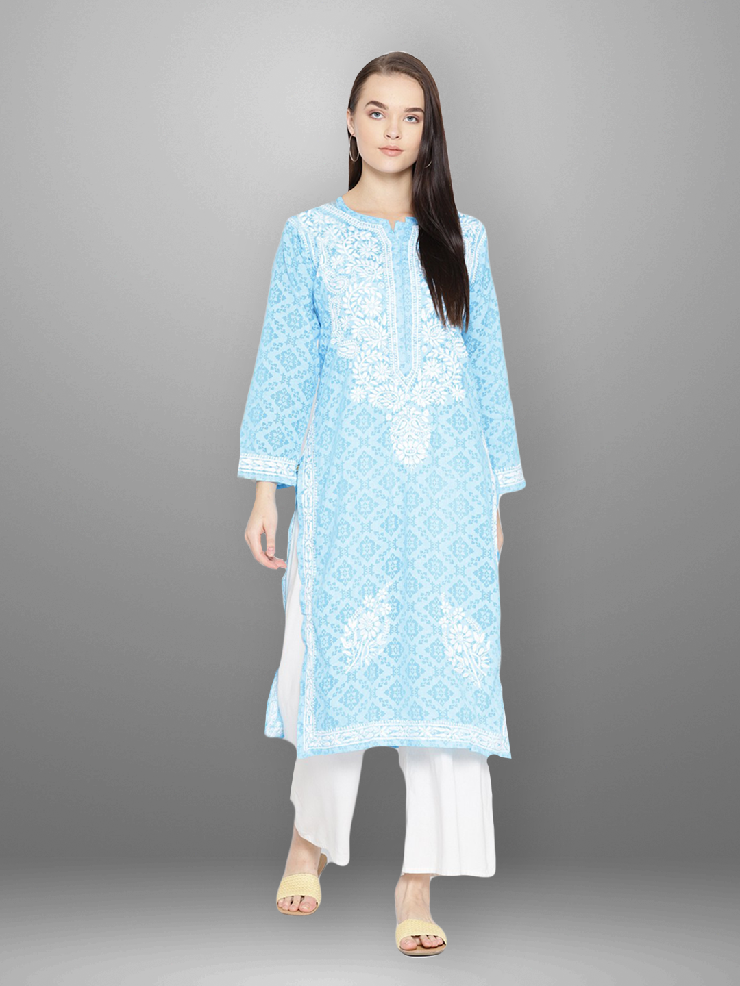 Ada Hand Embroidered Blue Cotton Lucknowi Chikankari Straight Kurta A100107
